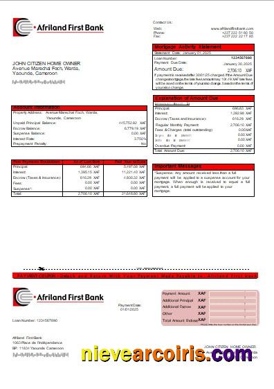 Cameroon Afriland First bank mortgage statement